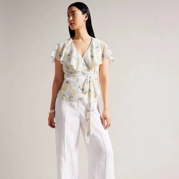 NWT TED BAKER‎ Gemmiaa Floral Print Ruffle Wrap Blouse Blue Size 2 (6 US) - Picture 1 of 14